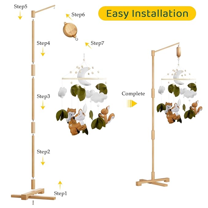 FEISIKE Baby Crib Mobile Arm with Music Box Spin Motor 3In1 Set-Squirrel Baby Mobile for Cirb, 57.4 Inch Mobile Arm for Crib Wooden Nursery Decor Hanger Holder
