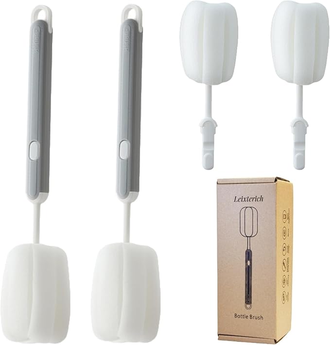 Bottle Brush Long Handle Cup Cleaner Brush Sponge Bottle Scrubber Detachable Handle Portable Sponge Cleaning Brush for Cups Wine Glasses Water Bottles Baby Bottles and Vacuum Flasks (Grey)