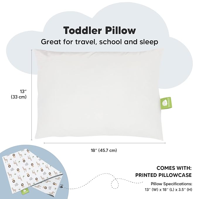 Toddler Pillow with Pillowcase - 13x18 My Little Dreamy Kids Travel Bed Pillows for Sleeping, Organic Cotton Small Pillowcase, Soft & Breathable, Machine Washable, Toddlers 2-5 Years Old (The Wild)