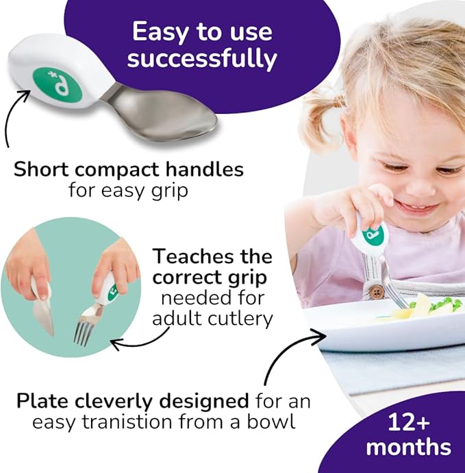 doddl Toddler Utensils, Ergonomic Fork and Spoon Set for Self Feeding, Stainless Steel Silverware for 1-3 Year Olds, BPA Free, Dishwasher Safe (Aqua)
