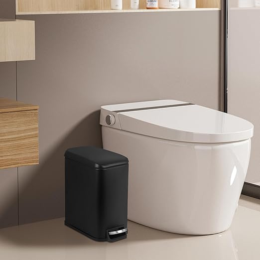 PayLessHere Slim Trash Can, 1.3 Gallon Bathroom Trash Can with Lid, Small Black Stainless Steel Waste Bin with Removable Inner Bucket for Home, Office, Restroom (5Liter)