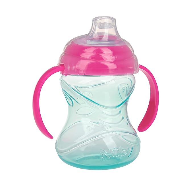 Nuby Clik-It Grip N' Sip Soft Spout No-Spill Training Sippy Cup with Handles - (3-Pack) 10 oz - 4+ Months - Aqua/Purple/Pink
