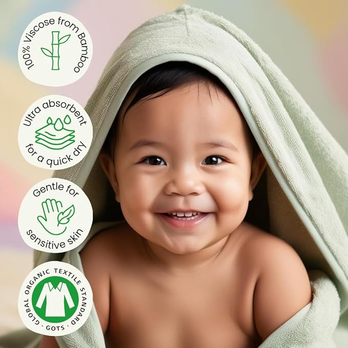 Hooded Baby Toddler Towel and Washcloth Set Made with Viscose from Bamboo, Large Size of 35" x 35", Soft and Absorbent, Baby Essential in Rose