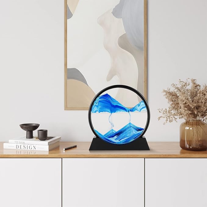 Moving Sand Art Picture - 3D Quicksand Painting Decor - Round Glass 3D Deep Sea Sandscape - Relaxing Home Decoration Desk Toys for Home Office Desk Mantle Bookshelf- (Blue, 7 in)