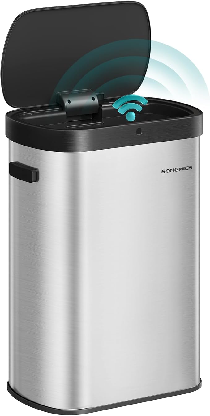 SONGMICS Motion Sensor Trash Can, 13-Gallon (50 L) Automatic Garbage Can with Soft Close Lid, Stainless Steel, Wave or Touch to Open, Includes 15 Bags, Metallic Silver and Ink Black ULTB640E01