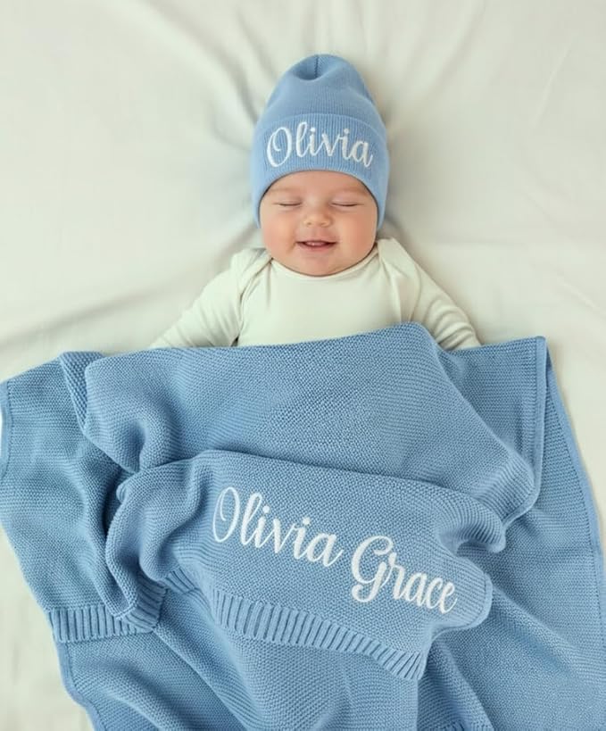 Luxury Personalized Name Knitted Baby Blanket -Embroidered, Soft Breathable Cotton Knit for Newborns - Valentine's Gift for New Moms Baby Boy Girl Birthday Christmas.