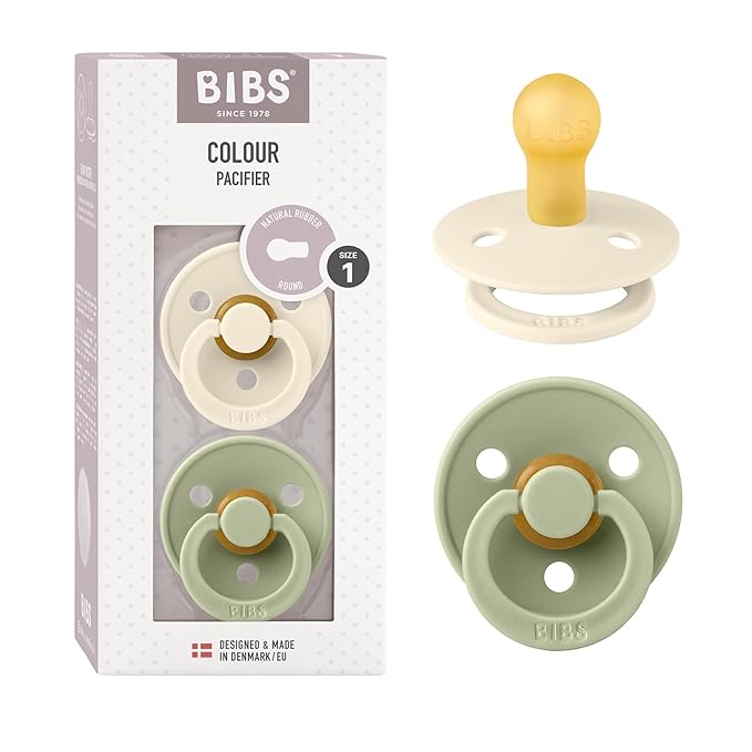 BIBS Pacifiers Colour Collection | Natural Rubber Baby Pacifier | Round Nipple | Set of 2 BPA-Free Soothers | Made in Denmark | 0+ Months (Pack of 2) | Sage/Ivory