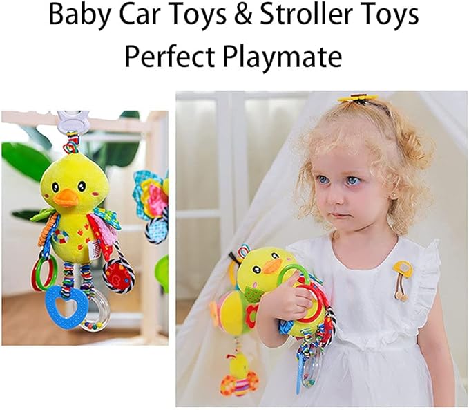 D-KINGCHY Baby Car Seat Stroller Toys Plush Hanging Animal Stuffed Rattle with Teether Sound for 0-3 Years Old (Duck)