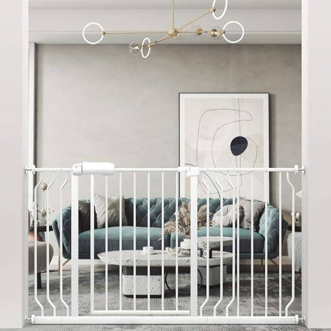 ALLAIBB Extra Wide Pressure Mount Baby Gate Auto Close White Metal Child Dog Pet Safety Gates with Walk Through for Stairs,Doorways,Kitchen and Living Room(52.76-57.48"/134-146cm)