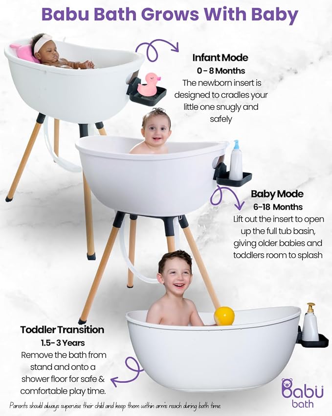 Luxury Baby Bathtub with Wooden Stand – 3-Stage Convertible, Ergonomic & Back-Saving Design (Black Bundle (Modern))
