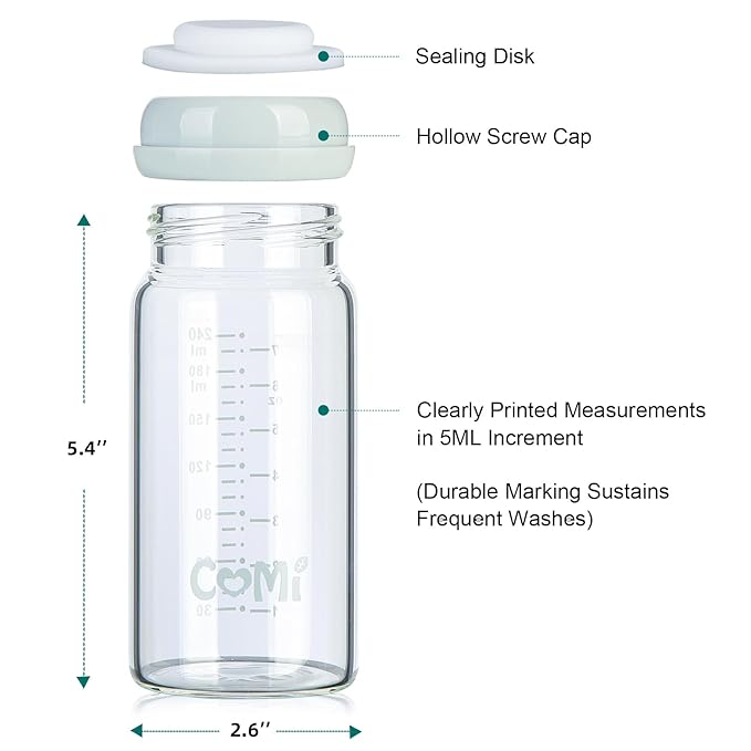 COMI Wide Neck Glass Breastmilk Collection n Storage Bottle, 4 Packs, 8oz with Screw Ring Sealing Disk; Re-markable Sealing Disc. BPA Free, Fits Breast Pumps & Nipples (2 Gray Lids + 2 Pink Lids)