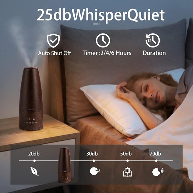 Cool Mist Humidifier，Elecameier Air humidifier for Home/Bedroom with Remote Control 2.3L Smart Air Humidifier for Desk/Office/Bedroom 25dB Whisper Quiet with Auto Shut off dark wood