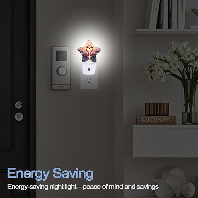 Beach Flamingos Night Lights Plug Into Wall,Romantic Love Heart Star Night Light for Kids,Nightlight with Dusk to Dawn Smart Sensor for Bedroom Bathroom Decor,Children Women Men Gift