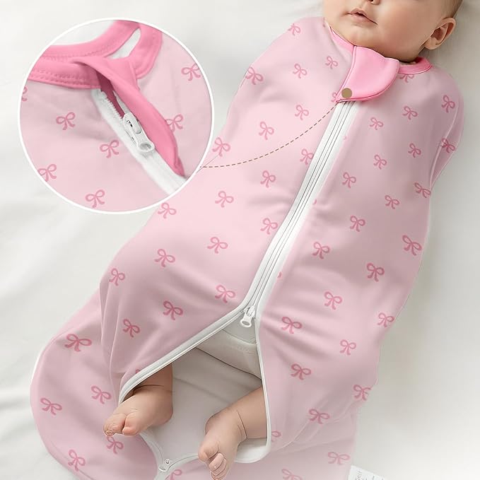 Baby Swaddle 0-2 Months, Cotton Arm-In Zipper Sleep Sack, Wearable Blankets Wrap for Newborn Infant Girls (Bow, Pack of 1)