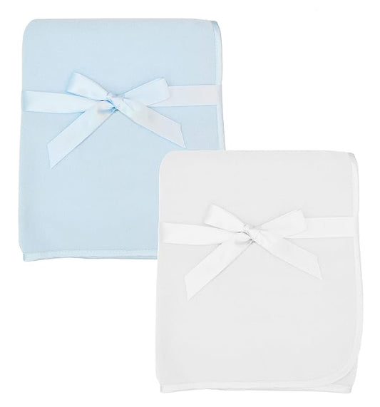 American Baby Company 2-Piece Fleece Blanket with Silk-Like Satin Trim set, Soft, Warm & Cozy, Blue and White, 30" x 30" for Boys and Girls, Perfect for Baby Carrier, Stroller, Travel and Gifting