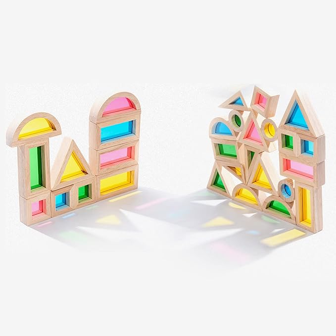 Xylolin Wooden Building Blocks for Toddlers 1-3, 24 Pieces Set Big Toddler Wood Sensory Blocks, Wooden Rainbow Kids Stacking Blocks, Large Colored Window Blocks Educational Toys for Boys Girls