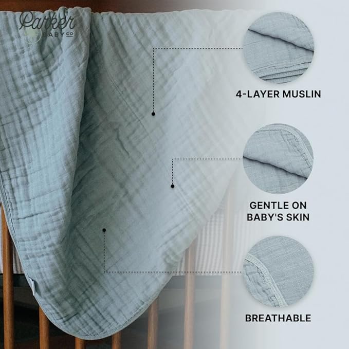 Parker Baby Muslin Blanket | 100% Soft Cotton Toddler Quilt & Baby Muslin Swaddle | Gender Neutral Design 47" x 47" Blanket