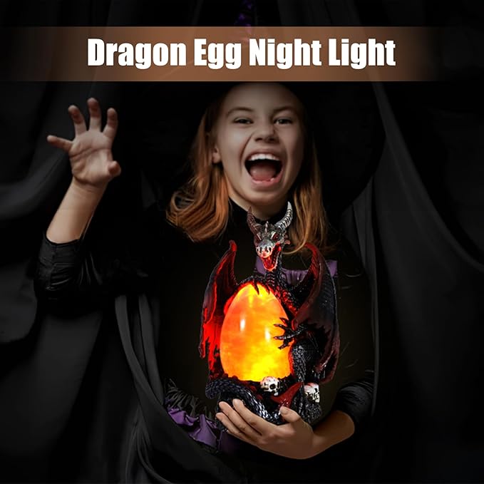 Evil Dragon Snow Globe Statue, Illuminated Water Filled Egg, Rotating Mist Effect, Skull-Embedded Base, Fire Dragon Egg Glow with 6H Timer, Battery Operated, Unique Halloween Snow Globe Holiday Decor