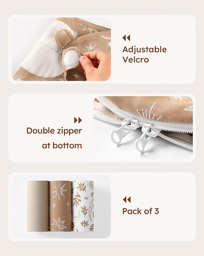Baby Swaddles for Newborns with Zipper, 100% Cotton Newborn Swaddle Sack, 3 Pack Baby Swaddles 3-6 Months Swaddle Sleep Sack for Newborn Baby Boy Girl Brown Sun