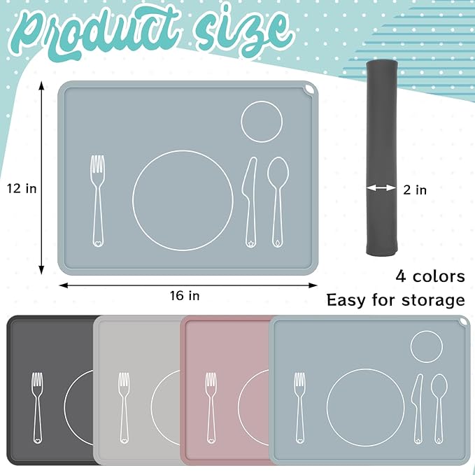 Zhehao 4 Pcs Montessori Kids Placemat 16 x 12'' Non Slip Baby Silicone Placemats for Toddlers Baby Eating Mat Food Mats for Toddler Dining Table Setting Learning Travel Kitchen(Soft Colors)