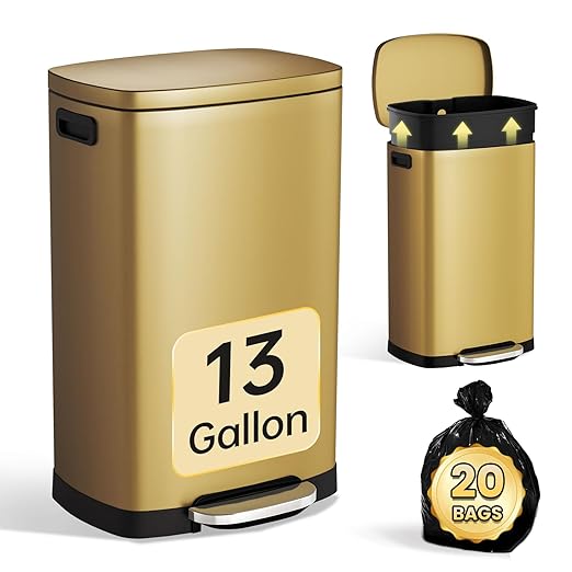 ELPHECO Kitchen Trash Can with Lid Soft Close, 13 Gallon / 50L Stainless Steel Pedal Garbage Can, Heavy-Duty Step Wastebasket with 20 Bags, Removable Bucket, Home Office, Kitchen, Titanium Gold