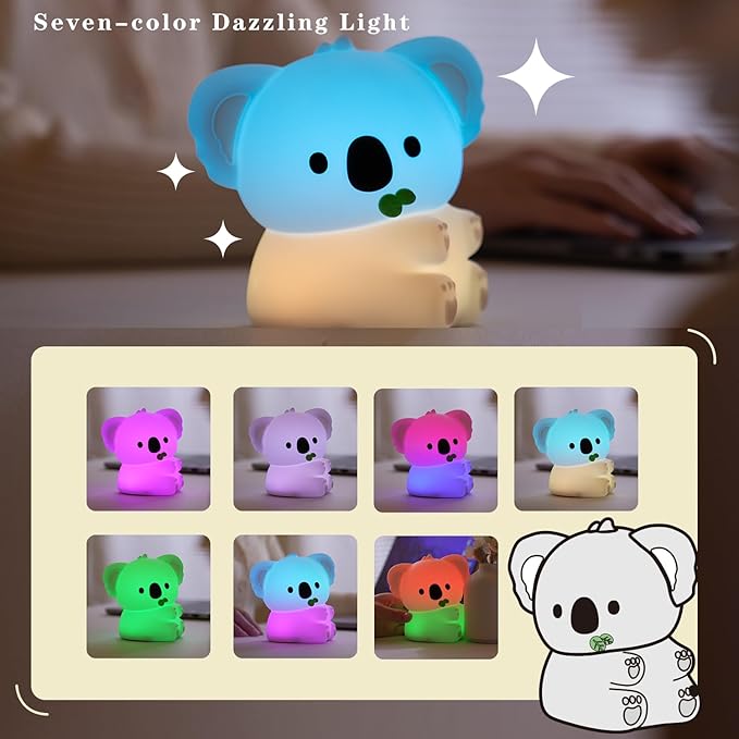 Cute Koala Night Light, LED Squishy Night Lamp, 7 Colors Dimmable Timer Nursery Nightlight for Kids, Rechargeable Touch Lamp, Dorm Decor, Kids Funny Gifts(Koala)