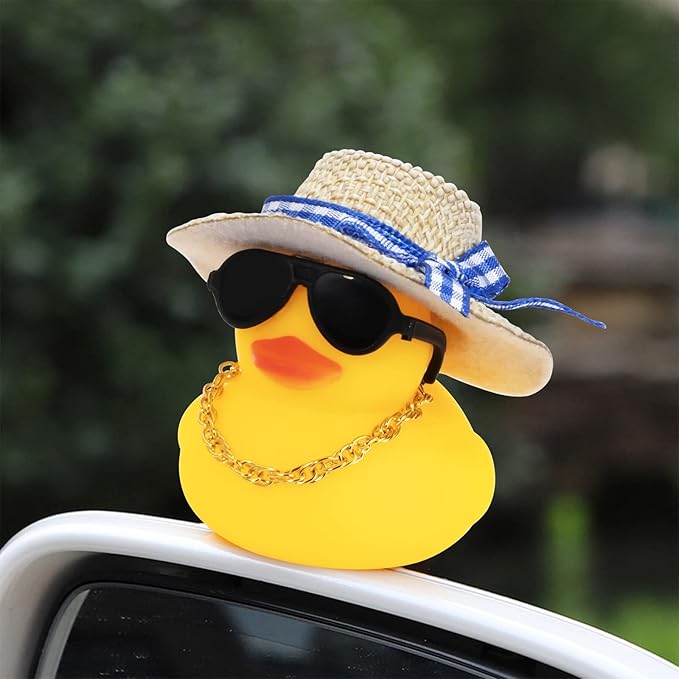 wonuu Car Rubber Duck, Yellow Duck Decoration Dashboard with Sun Hat Swim Ring Necklace Sunglasses for Car Dashboard Decorations