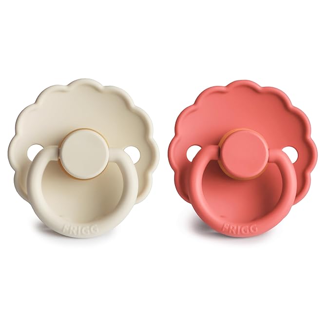 FRIGG Daisy Natural Rubber Baby Pacifier | Made in Denmark | BPA-Free (Cream/Poppy, Size 2) 2-Pack