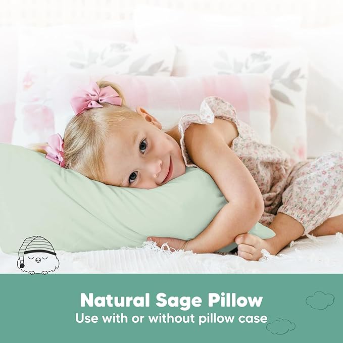KeaBabies 2-Pack Toddler Pillow 13x18 - Soft Organic Cotton Kids Travel Bed Pillows for Sleeping, School, Nap, Machine Washable, Toddlers 2 to 5, Pillowcase Sold Separately (Sage)