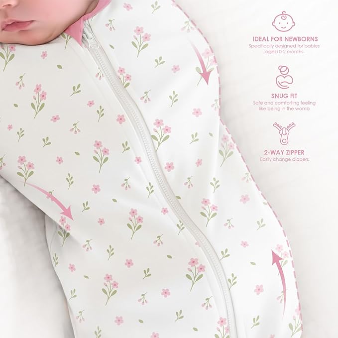 Baby Swaddle 0-2 Months, Cotton Arm-In Zipper Sleep Sack, Wearable Blankets Wrap for Newborn Infant Girls (Floral, Checkered, Pack of 2)