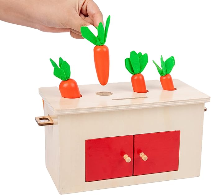 Adena Montessori 4-in-1 Play Kit Box for Infants,Toddlers and Babies 6-12 Months, 1 Year, 2 Year and 3 Year- Includes Coin Box, Cylinder & Carrot Drop Box, and Blind Touch Perception Box with Door