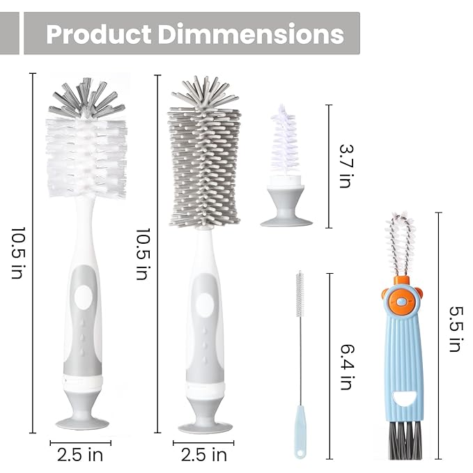 5-in-1 Baby Bottle Cleaner Set, Including Nylon & Silicone Bottle Brush, Cap, Straw & Nipple Brushes, BPA-Free (Grey)