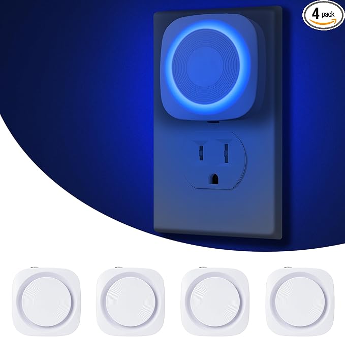 LED Night Lights Plug into Wall, Indirect Soft Dimmable Night Light with Dust to Dawn Sensor, Blue Nightlight for Bedroom,Bathroom,Kitchen,Stairs,Hallway,Travel, 4 Packs, Blue