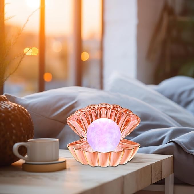 Shell Pearl Beach Themed Night Light, RGB 8 Colors Changing Mood Shell Pearl Lamps, Bedside LED Clamshell Portable Night Lights for Bar (Electroplated Rose Gold)