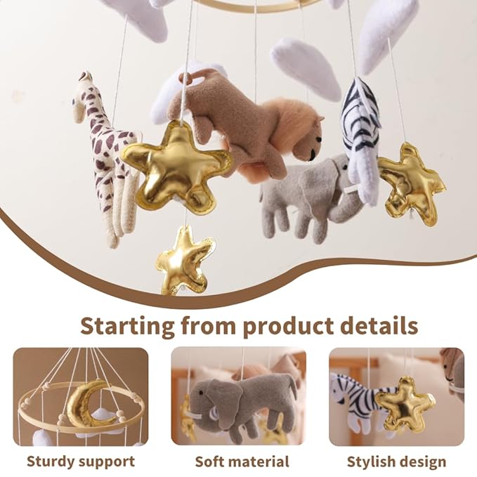 GOODMOM Nursery Mobile for Boys & Girls – Handmade Felt Animals Baby Crib Mobile with Bells – Savanna Theme Baby Nursery Decor – Creative Bassinet Mobile Gift for Newborns (Golden Dream)