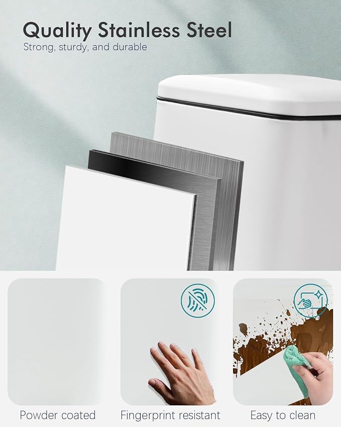 8 Gallon Square Trash Can with Lid, White Kitchen Trash Can with Soft Close, InnerBucket & Steel Pedal, Stainless Steel Garbage Can for Kitchen, Laundry Room, Office, Bathroom, Dorm