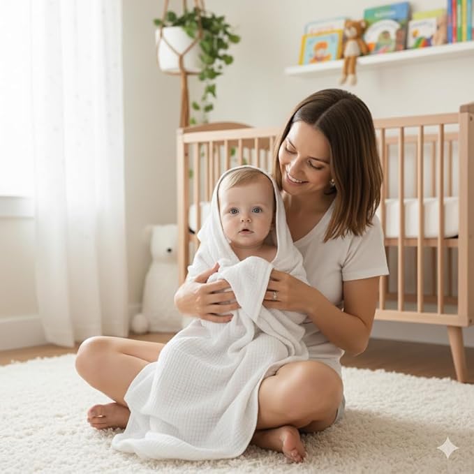 Muslin Hooded Baby Towels for Newborns, 32"x32", 100% Cotton – 6 Layers Super Soft Absorbent Breathable, Baby Bath Towel, Toddler Bath Towel – Pack of 2