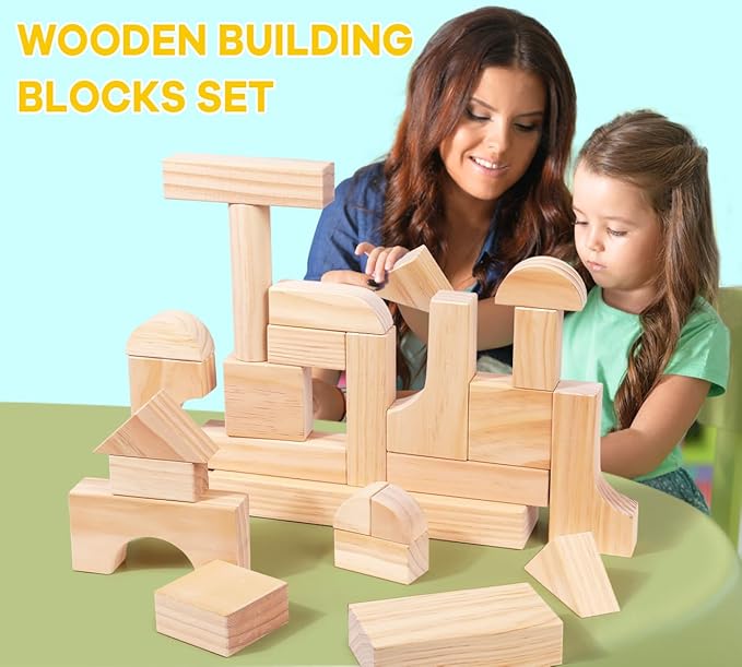64-Piece Wooden Building Blocks with Storage Tray | Natural Wood Preschool Educational Toys for Toddlers Ages 3+ | Ideal Gift for Boys & Girls