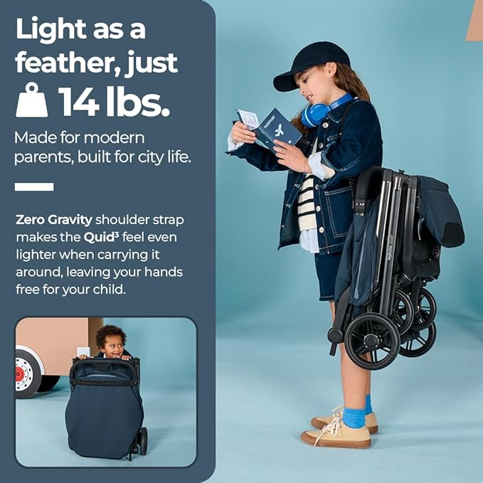Inglesina Quid³ Stroller, Astral Blue - Compact Reclining Travel Stroller for Baby & Toddler 0-55 lbs, One Hand fold, Car seat Compatible, Airplane Overhead, Lightweight, Foldable, XL UPF 50+ Canopy
