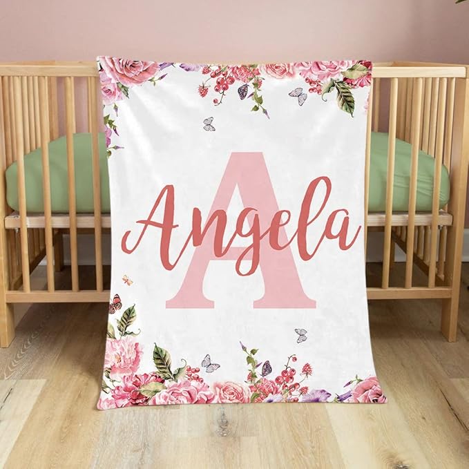 EVER2000 Personalized Baby Blanket for Girls, Custom Floral Baby Blanket with Name, Soft & Fuzzy Newborn Receiving Blankets for Toddler, Customized Baby Gifts for Birthday Baby Shower