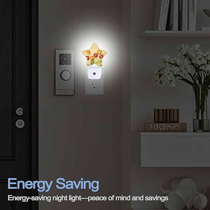 Vintage Tulips Nightlight,Spring Flowers Star Night Lights Plug into Wall Decorations for Bedroom Bathroom,Dusk to Dawn Sensor Kitchen Hallway Stairs Energy Efficient Desk Lamp
