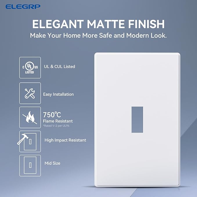 ELEGRP 1-Gang Screwless Toggle Wall Plates, Mid-Size Unbreakable Thermoplastic Faceplate Cover for Toggle Wall Switch & Dimmer Switch, UL Listed (5 Pack, Matte White)