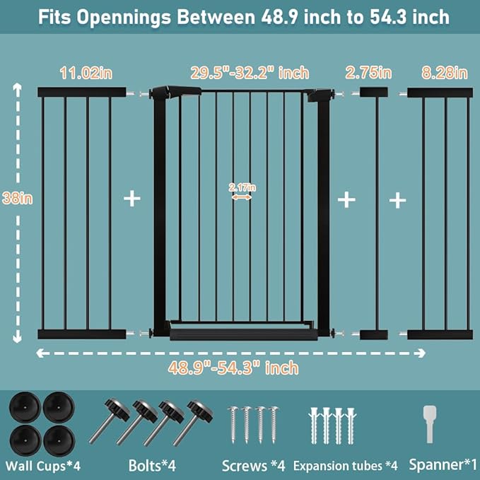 Fairy Baby 38" Extra Tall Baby Gate for Stairs Doorways, 48.9"-54.3" Adjustable Width Pet Dog Gate, Metal Pressure Mounted Auto Close Safety Child Gate for Kids Pets No Drilling, Black