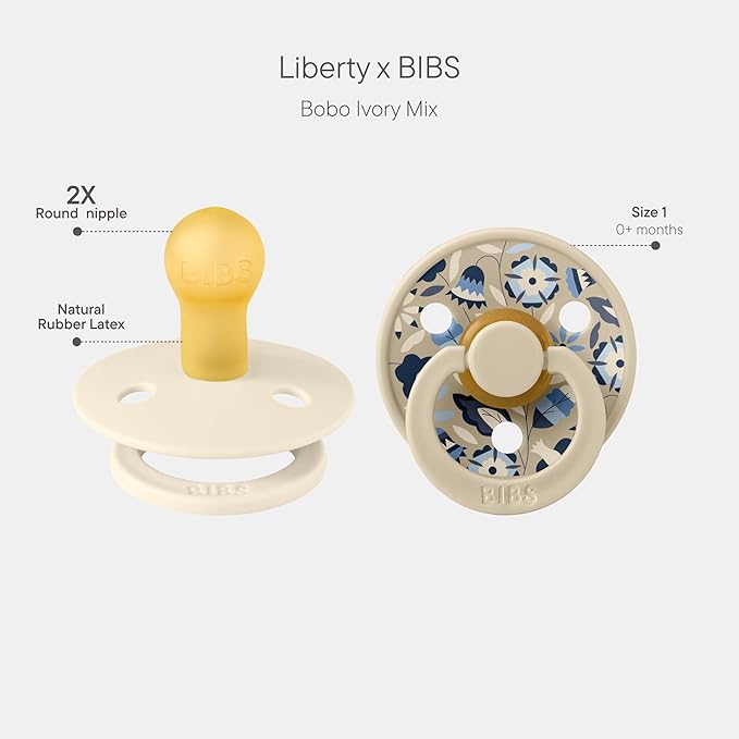 BIBS Colour Liberty Soother 2-Pack, BPA Free Dummy Pacifier, Round Nipple. Natural Rubber Latex, Made in Denmark, Size 1 (0-6 Months), Bobo Ivory Mix