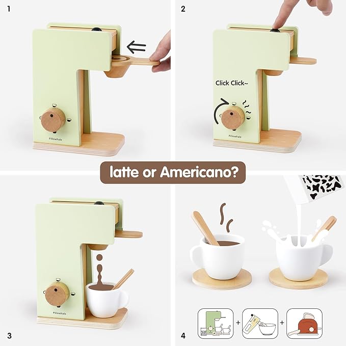 3-in-1 Wooden Café Playset Bundle – Pretend-Play Coffee Maker, Hand Mixer & Pop-Up Toaster with Accessories for Toddlers 3+