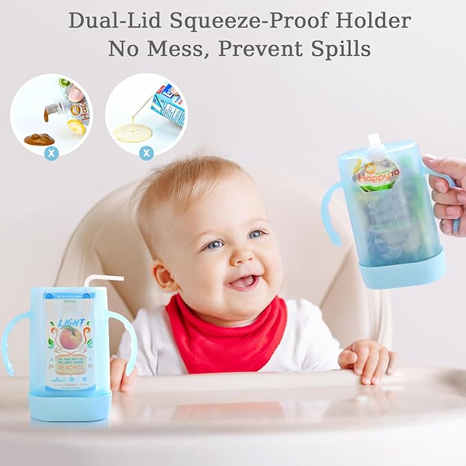 MOMUSE Dual-Lid Squeeze Pouch Holder for Food Pouches & Drink Boxes, Baby Pouch Holder with Larger Capacity, Versatile Design for Self-Feeding, Anti-Squeeze Pouch Holder No Spill No Mess, Lightweight