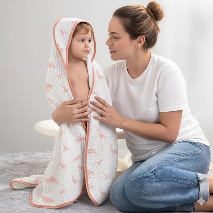Muslin Hooded Baby Towels for Newborns, 32"x32", 100% Cotton – 6 Layers Super Soft Absorbent Breathable, Baby Bath Towel, Toddler Bath Towel – Pack of 2