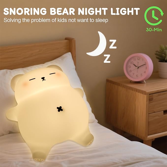 Squishy Night Light for Kids, Bear Silicone Night Light - Rechargeable with Soothing Snore Sounds & Moving Tummy, 3-Level Dimming Touch Control