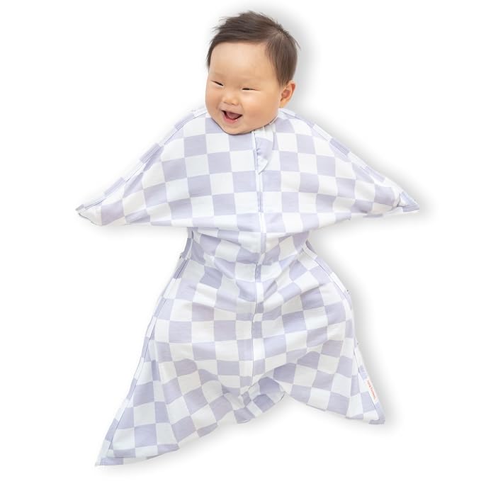 SleepingBaby Zipadee-Zip Transition Swaddle - Cozy Baby Swaddle Blanket with Zipper Convenience - Roomy Wearable Blanket for Easy Diaper Changes - Lavender Check, Large (12-24 Month)