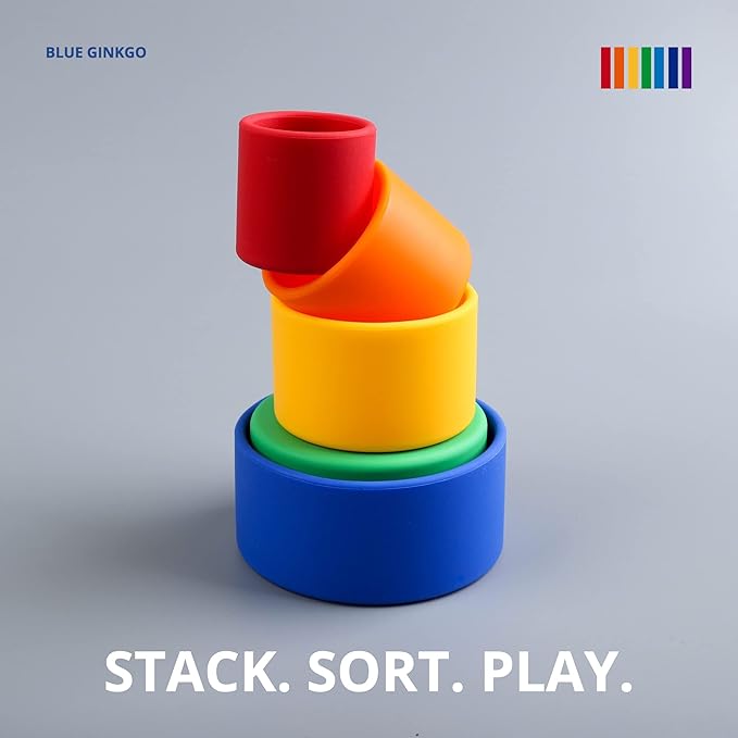 BLUE GINKGO Silicone Stacking Cups – Nesting & Sensory Stacking Toy for Toddlers | Open-Ended Montessori Toy with 5 Cups (Vibrant Colors)